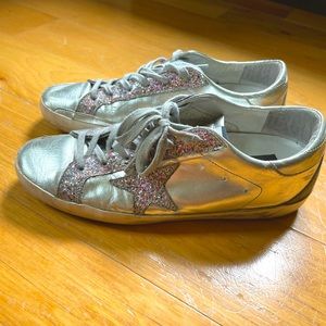 Golden goose silver and pink rainbow sparkle sneakers